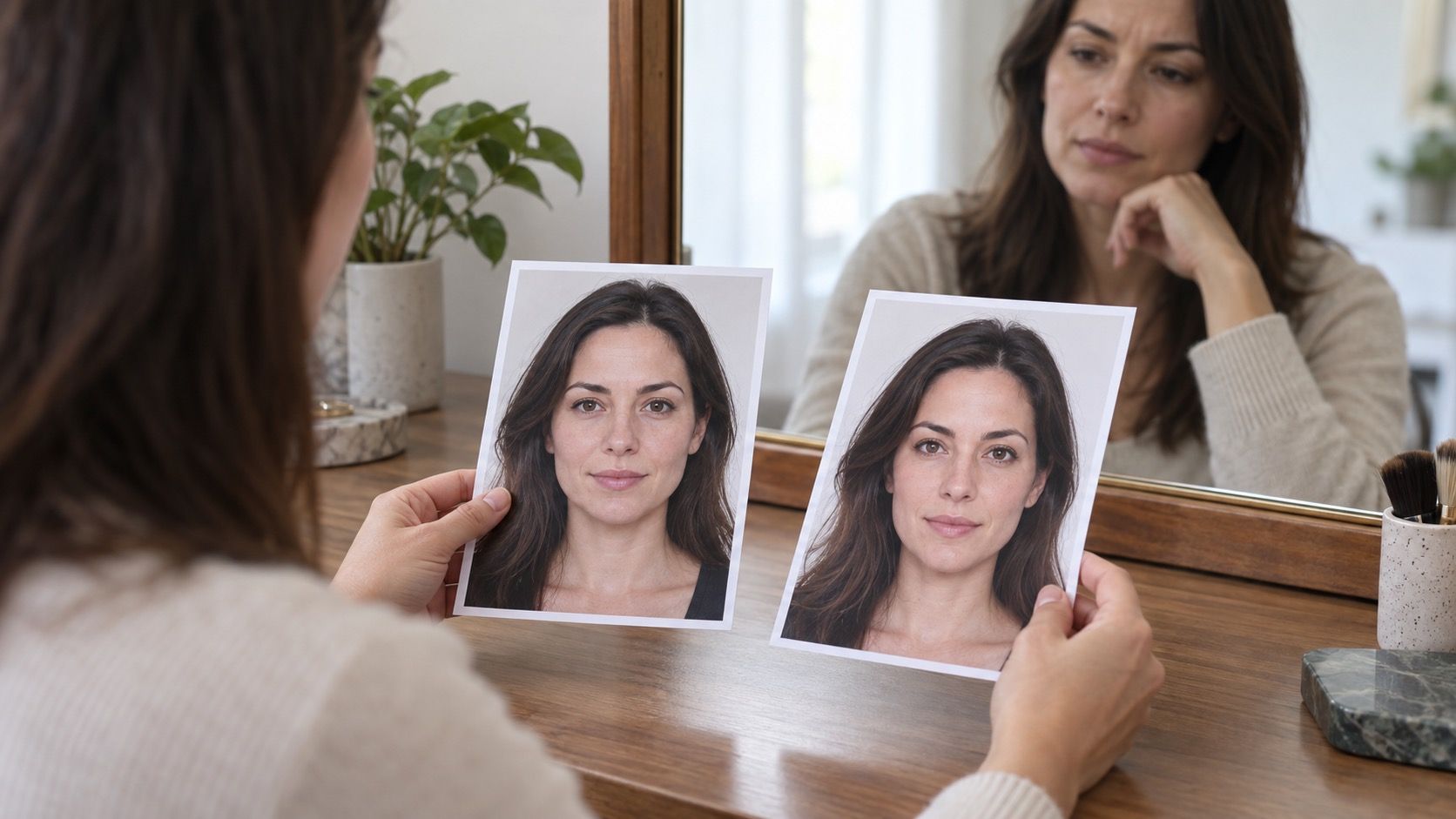 Person checking face shape proportions in a mirror
