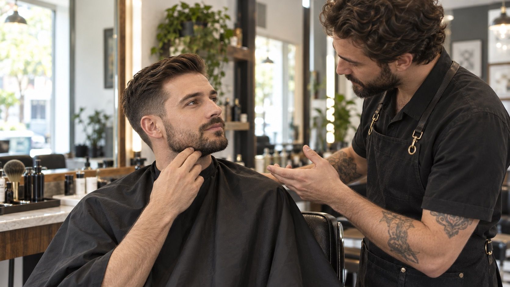 Man choosing a haircut and beard shape